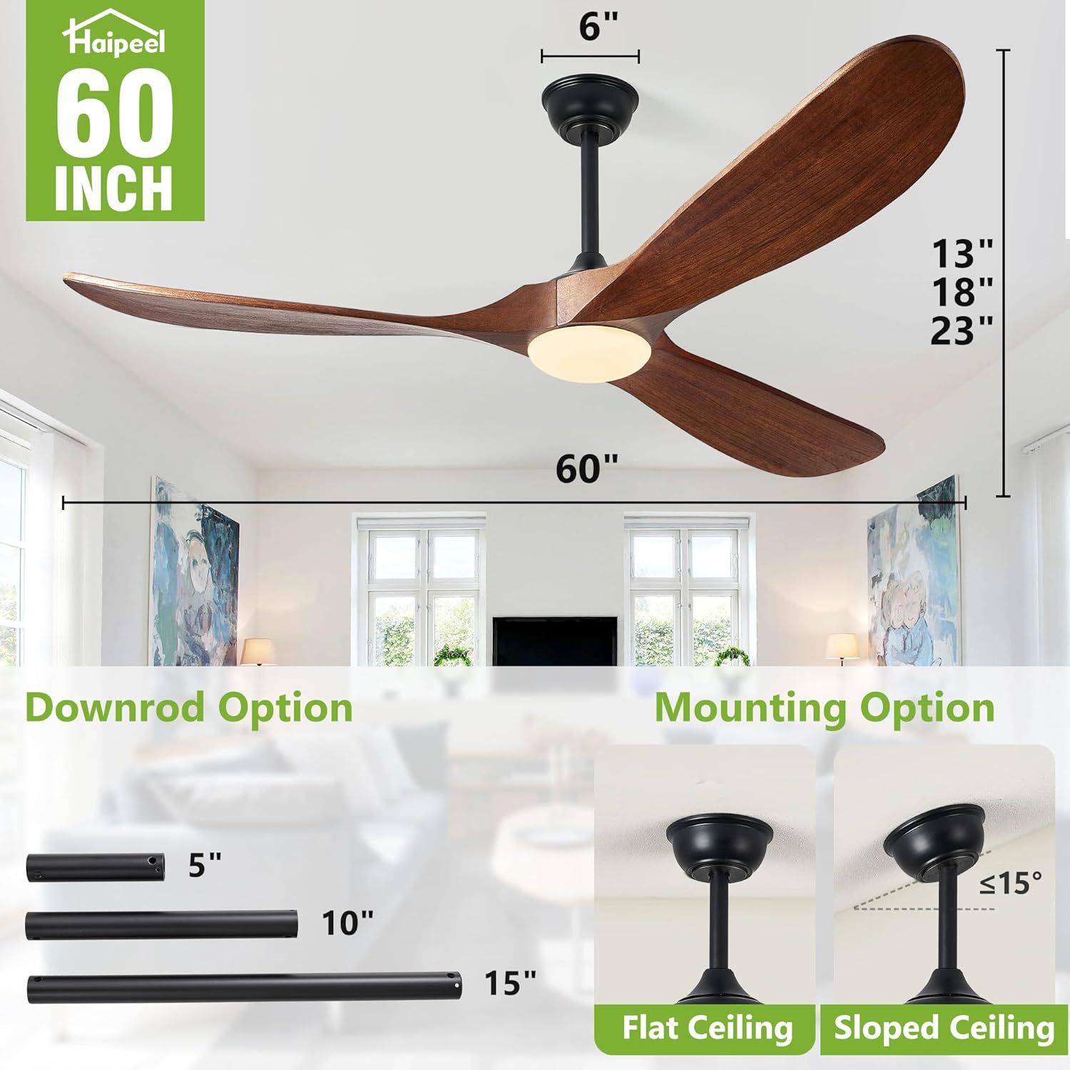 Ceiling Fans with Lights, 60 Inch Solid Wood Propeller Ceiling Fans with Lights and Remote Control Outdoor Ceiling Fan for Patios Indoor Living Room 3 Blades, DC Motor ETL Listed, Dark Walnut