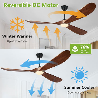 72 Inch Ceiling Fans with Lights, Wood Outdoor Ceiling Fan with Light and Remote Control Propeller Modern Large Ceiling Fans for Patios Gazebo Farmhouse Indoor Quiet High cfm ETL, Dark Walnut