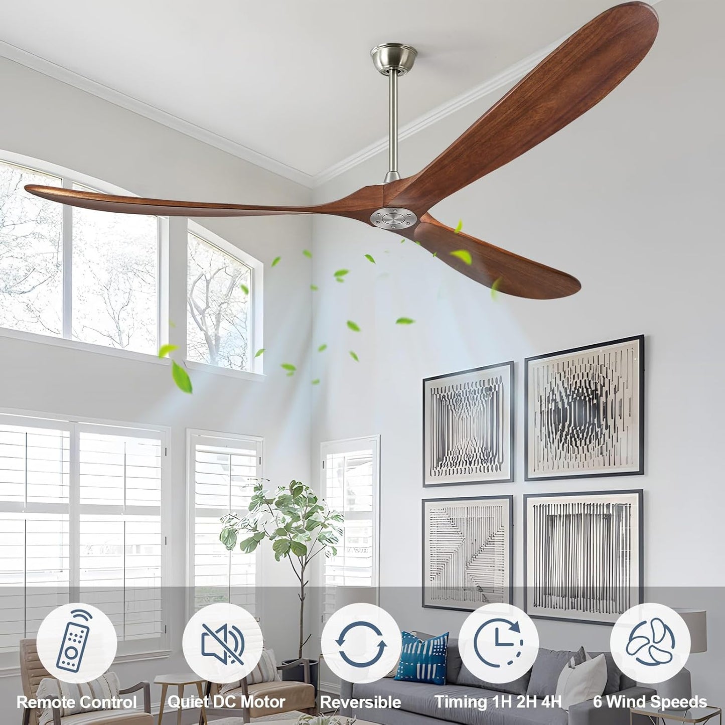 ABZ Ceiling Fan without Light - 84 inch Solid Wood Blades Ceiling Fan no Light with Remote Control for Outdoor Indoor Patio Bedroom Living Room Farmhouse, Silver & Walnut