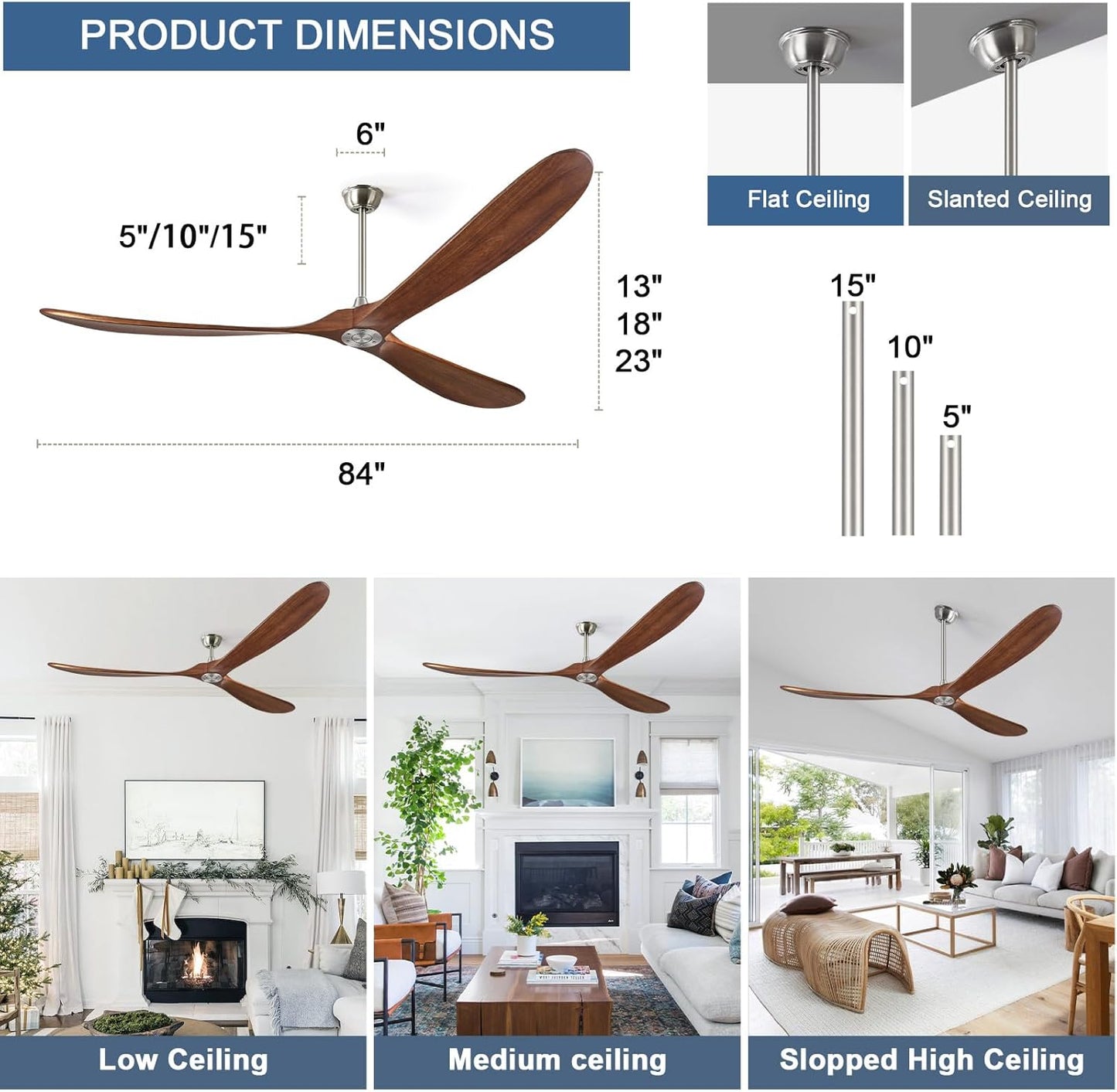 ABZ Ceiling Fan without Light - 84 inch Solid Wood Blades Ceiling Fan no Light with Remote Control for Outdoor Indoor Patio Bedroom Living Room Farmhouse, Silver & Walnut