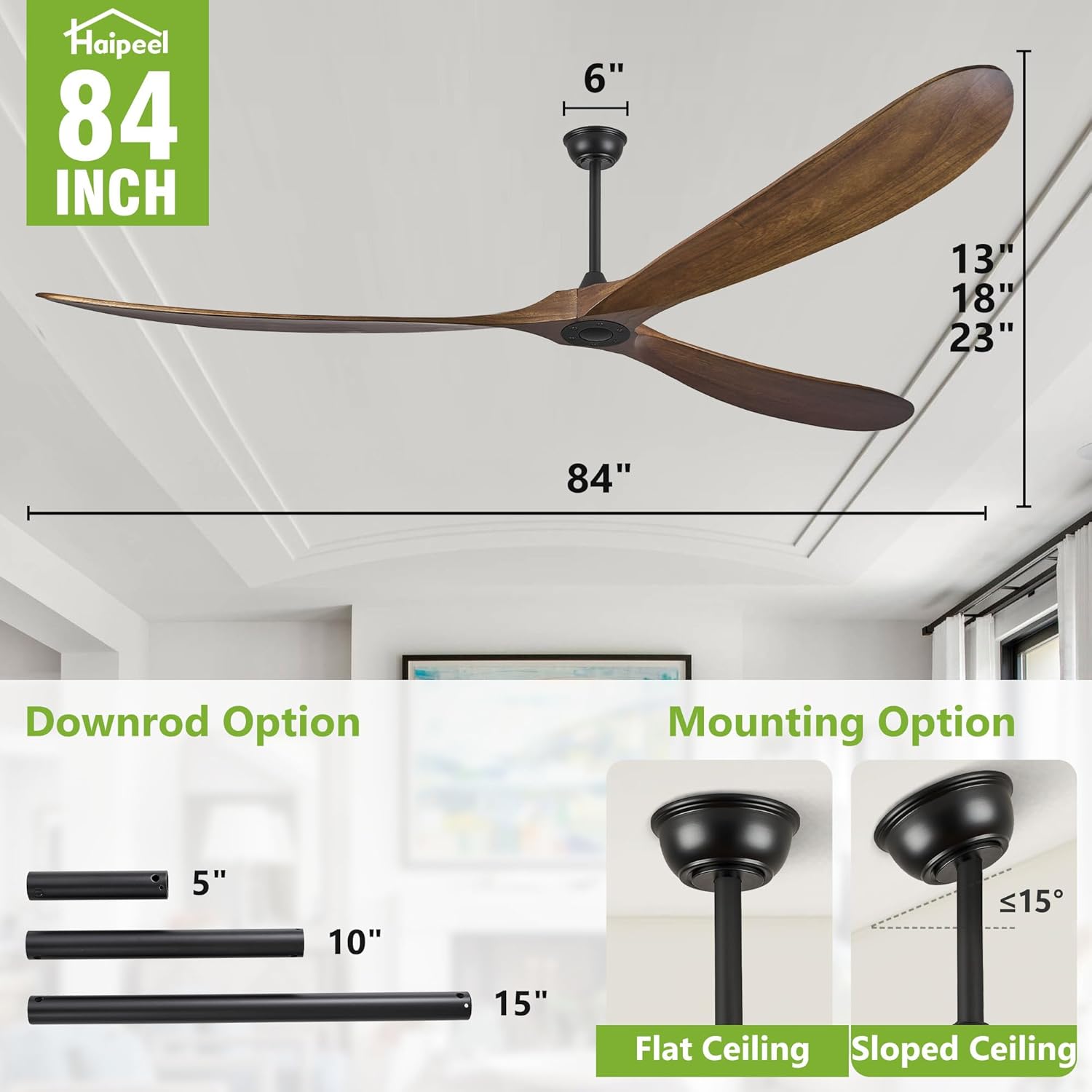 Wood Ceiling Fans without Lights, 84 Inch Extra Large Ceiling Fan no Light with Remote, High CFM Indoor Outdoor Ceiling Fan no Light 3 Blade Propeller for Patios Farmhouse Garage, Dark Walnut