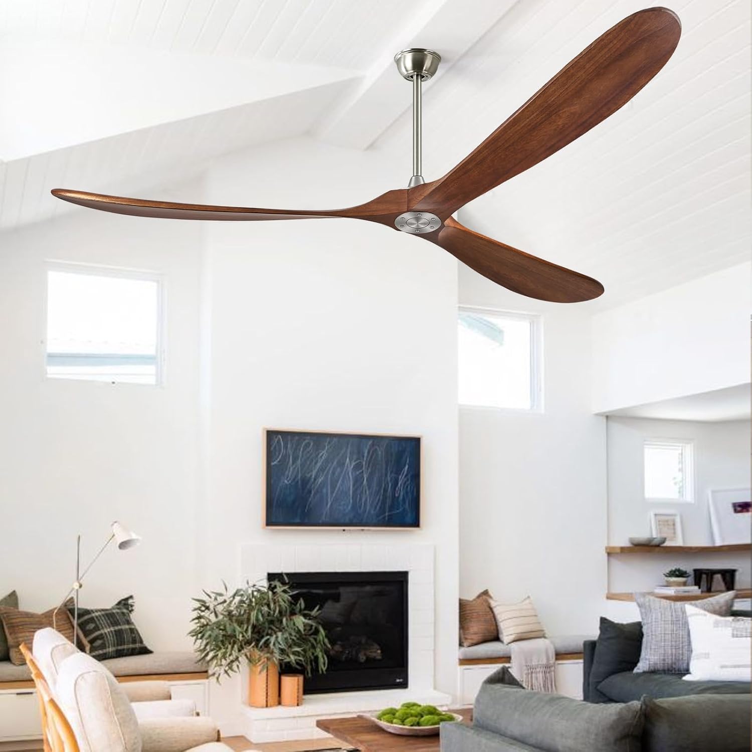 ABZ Ceiling Fan without Light - 84 inch Solid Wood Blades Ceiling Fan no Light with Remote Control for Outdoor Indoor Patio Bedroom Living Room Farmhouse, Silver & Walnut