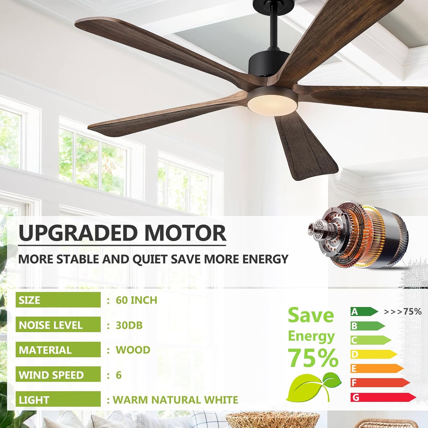 ABZ 5 Blade Ceiling Fans with Lights, 60 inch Outdoor Ceiling Fans with Light and Remote Control for Indoor Patio Bedroom Farmhouse Solid Wood Propeller Modern Ceiling Fan with Light(Deep Brown)
