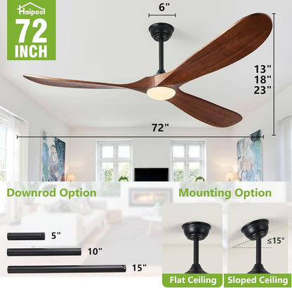 72 Inch Ceiling Fans with Lights, Wood Outdoor Ceiling Fan with Light and Remote Control Propeller Modern Large Ceiling Fans for Patios Gazebo Farmhouse Indoor Quiet High cfm ETL, Dark Walnut