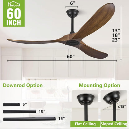 60" Wood Ceiling Fan no Light, 60 Inch Ceiling Fans without Lights with Remote Control, Indoor Outdoor Ceiling Fan no Light for Bedroom Porch Modern Propeller 3 Blade ETL DC Motor, Dark Walnut