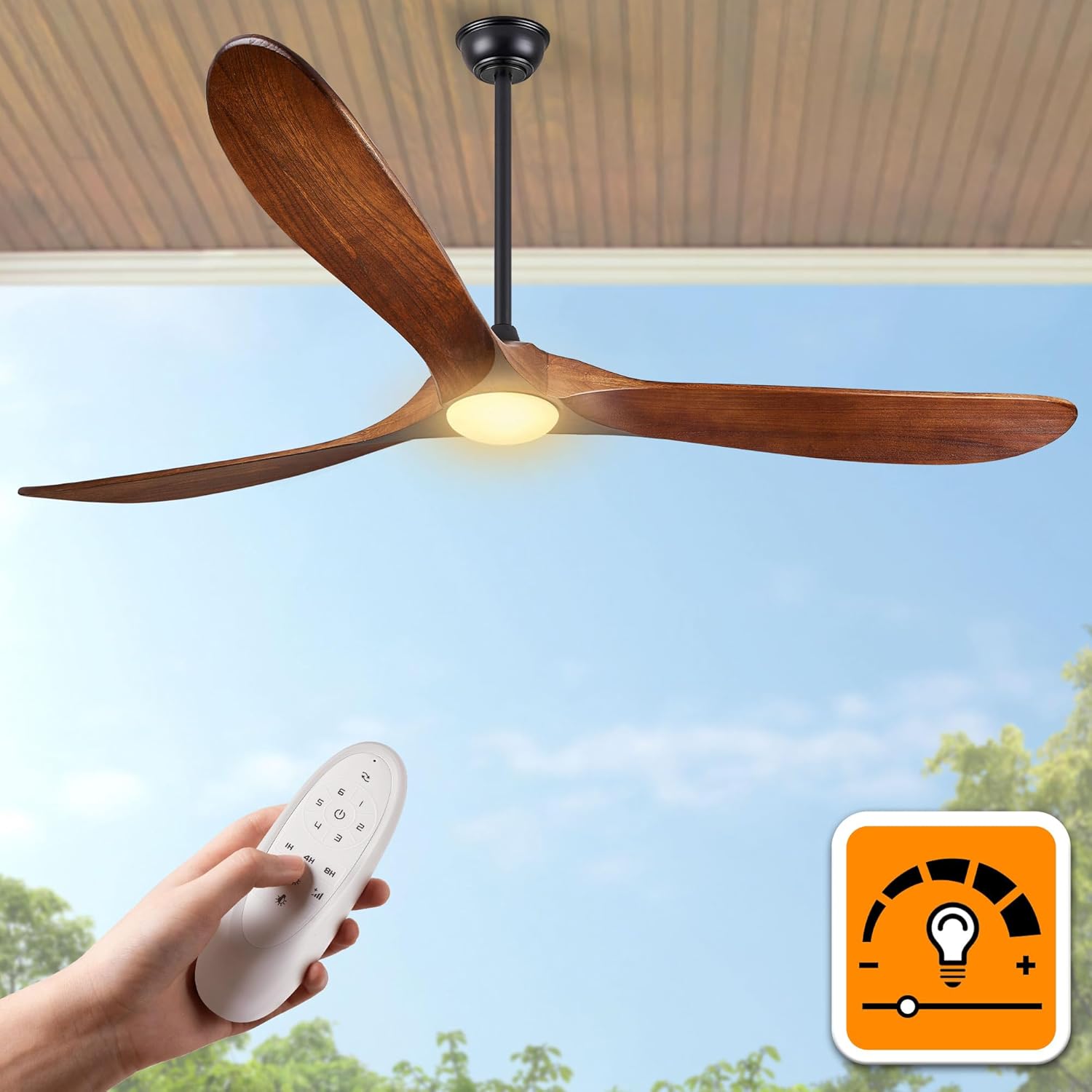 72 Inch Ceiling Fans with Lights, Wood Outdoor Ceiling Fan with Light and Remote Control Propeller Modern Large Ceiling Fans for Patios Gazebo Farmhouse Indoor Quiet High cfm ETL, Dark Walnut