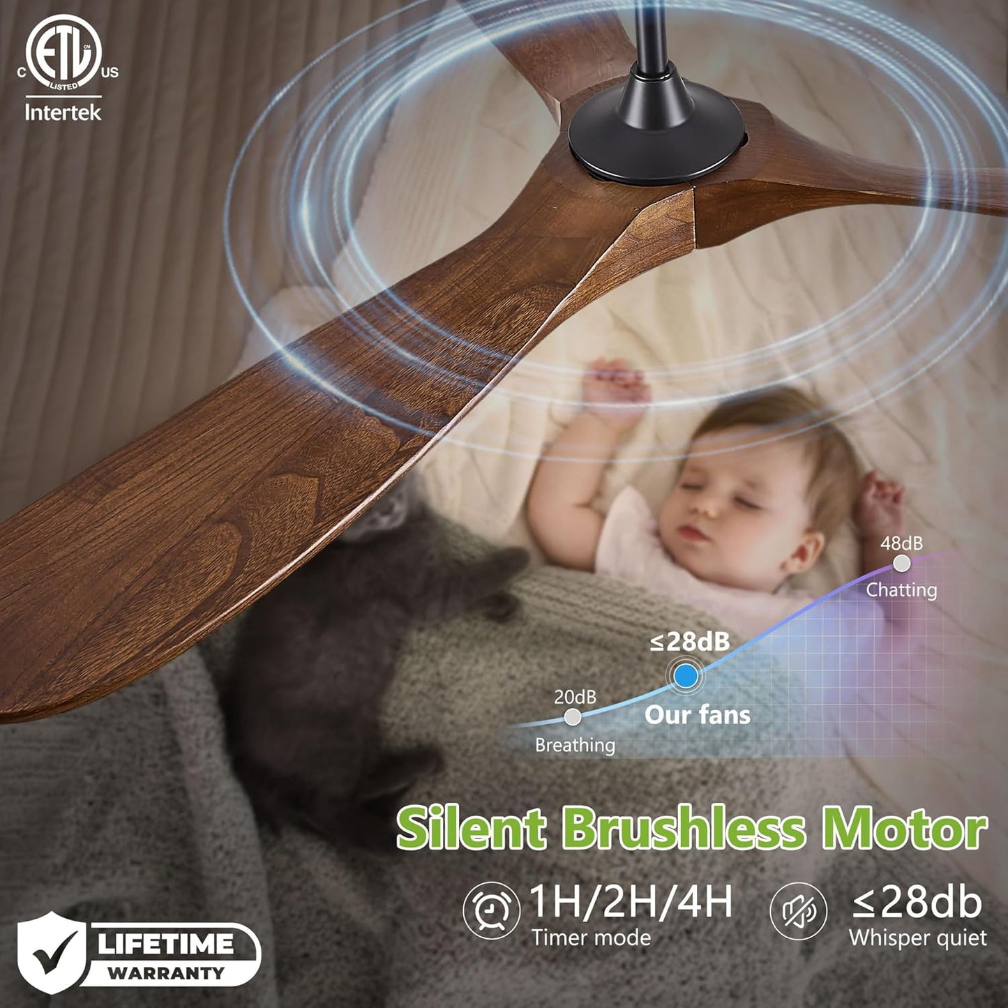 60" Wood Ceiling Fan no Light, 60 Inch Ceiling Fans without Lights with Remote Control, Indoor Outdoor Ceiling Fan no Light for Bedroom Porch Modern Propeller 3 Blade ETL DC Motor, Dark Walnut
