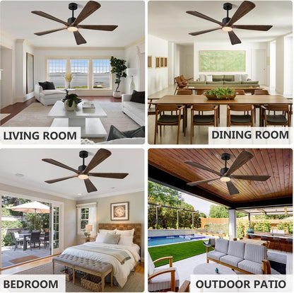 ABZ 5 Blade Ceiling Fans with Lights, 60 inch Outdoor Ceiling Fans with Light and Remote Control for Indoor Patio Bedroom Farmhouse Solid Wood Propeller Modern Ceiling Fan with Light(Deep Brown)