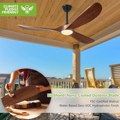 72 Inch Ceiling Fans with Lights, Wood Outdoor Ceiling Fan with Light and Remote Control Propeller Modern Large Ceiling Fans for Patios Gazebo Farmhouse Indoor Quiet High cfm ETL, Dark Walnut