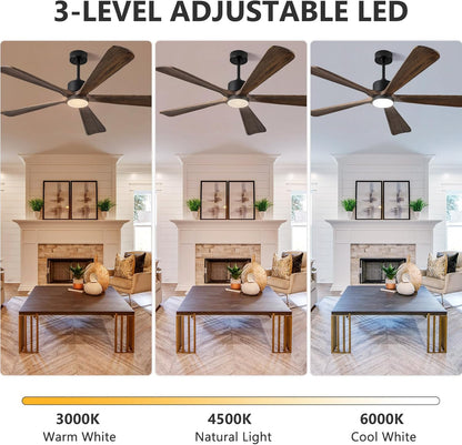 ABZ 5 Blade Ceiling Fans with Lights, 60 inch Outdoor Ceiling Fans with Light and Remote Control for Indoor Patio Bedroom Farmhouse Solid Wood Propeller Modern Ceiling Fan with Light(Deep Brown)