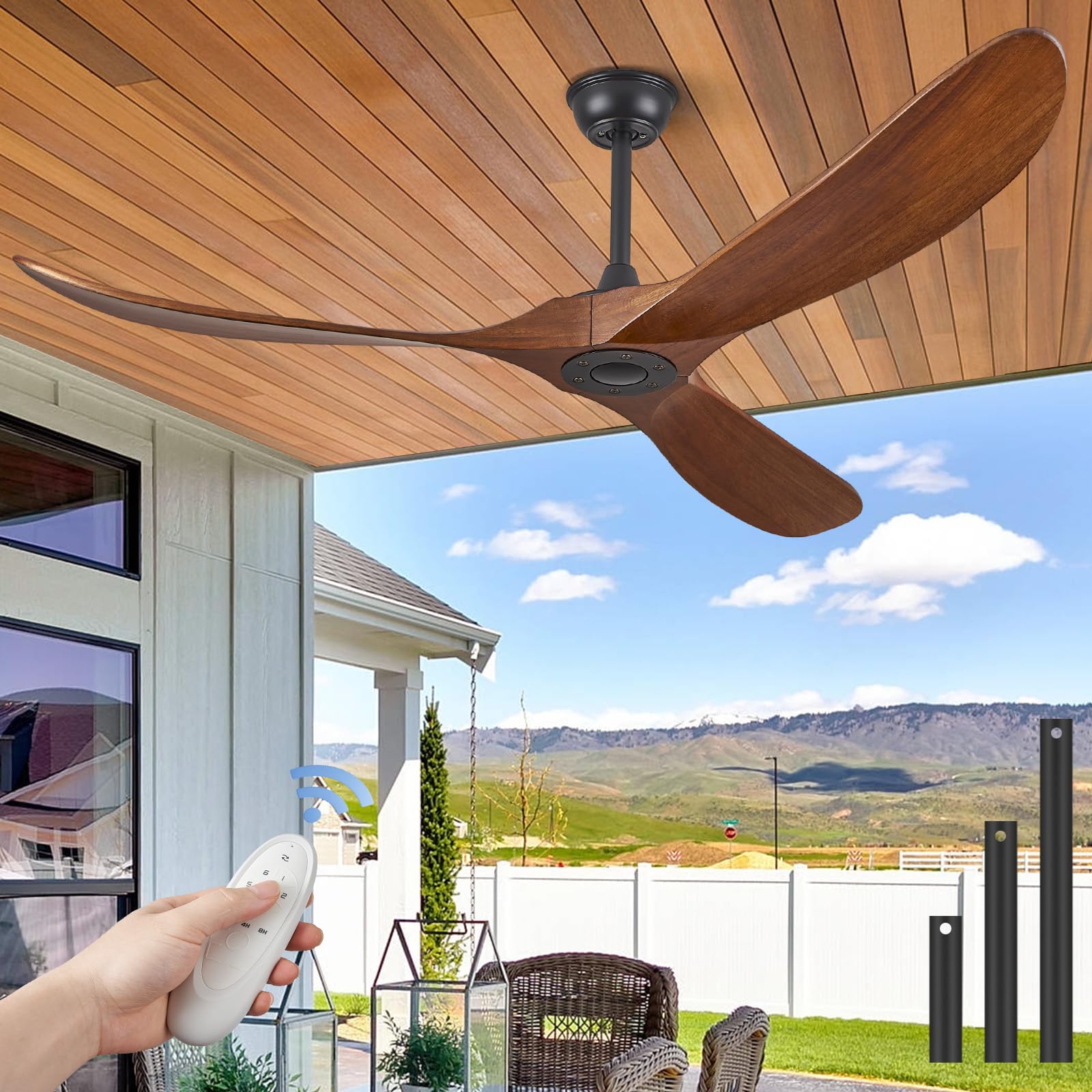 ABZ Ceiling Fan without Light - 84 inch Solid Wood Blades Ceiling Fan no Light with Remote Control for Outdoor Indoor Patio Bedroom Living Room Farmhouse, Silver & Walnut