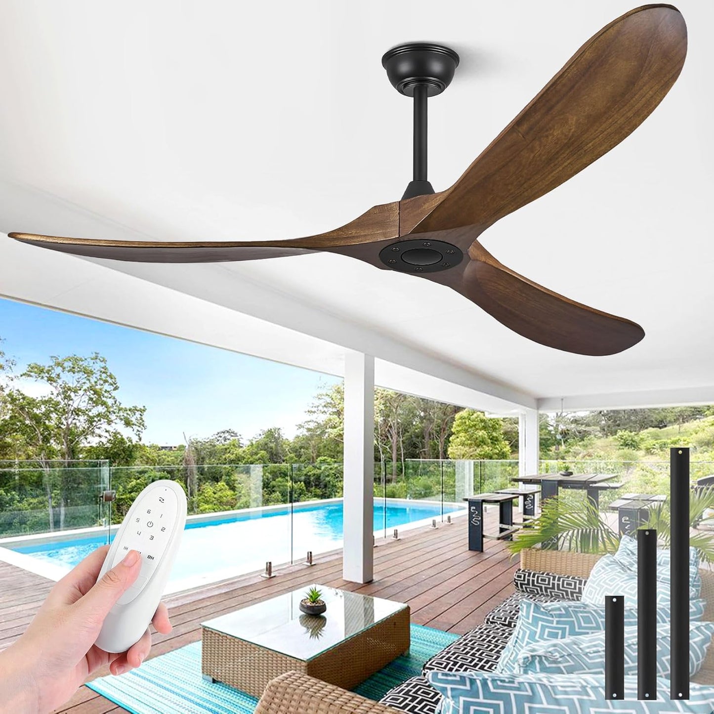60" Wood Ceiling Fan no Light, 60 Inch Ceiling Fans without Lights with Remote Control, Indoor Outdoor Ceiling Fan no Light for Bedroom Porch Modern Propeller 3 Blade ETL DC Motor, Dark Walnut