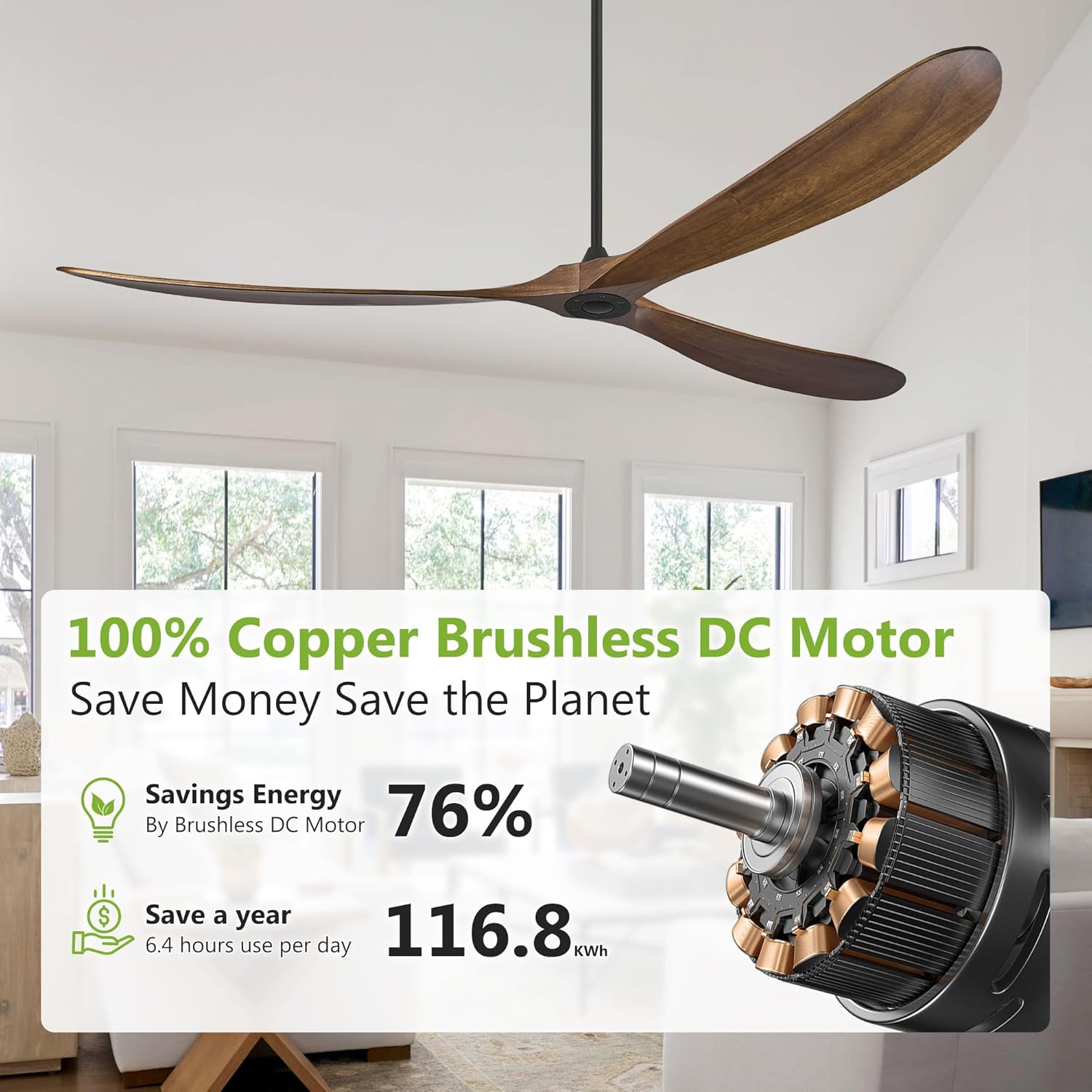 Wood Ceiling Fans without Lights, 84 Inch Extra Large Ceiling Fan no Light with Remote, High CFM Indoor Outdoor Ceiling Fan no Light 3 Blade Propeller for Patios Farmhouse Garage, Dark Walnut