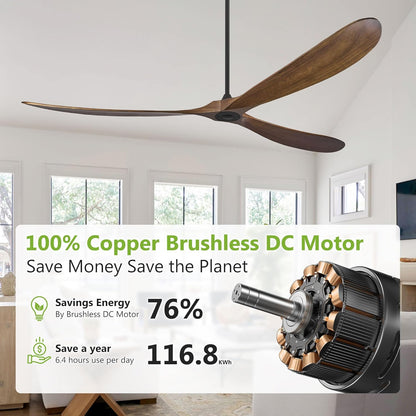 Wood Ceiling Fans without Lights, 84 Inch Extra Large Ceiling Fan no Light with Remote, High CFM Indoor Outdoor Ceiling Fan no Light 3 Blade Propeller for Patios Farmhouse Garage, Dark Walnut