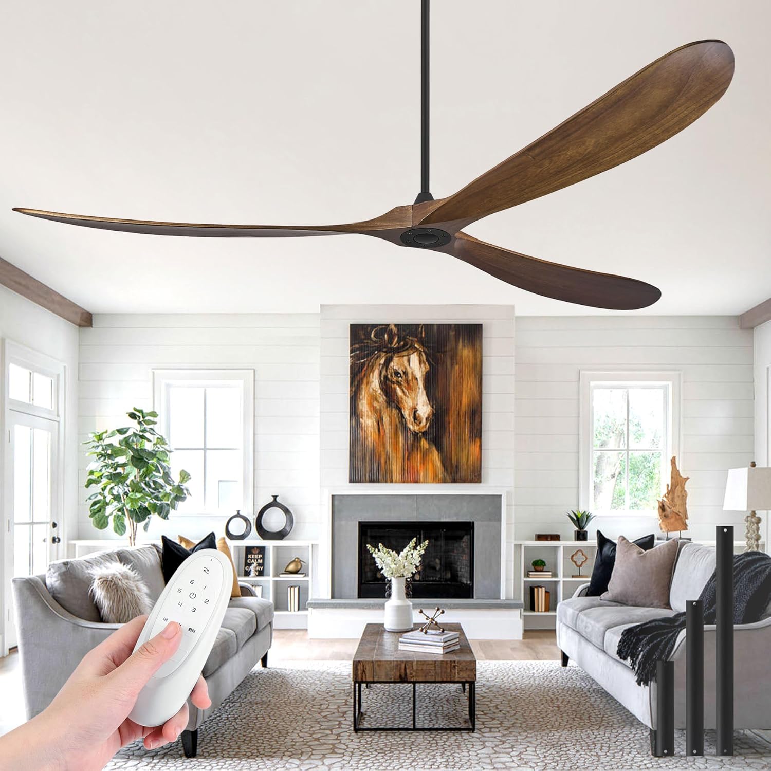 Wood Ceiling Fans without Lights, 84 Inch Extra Large Ceiling Fan no Light with Remote, High CFM Indoor Outdoor Ceiling Fan no Light 3 Blade Propeller for Patios Farmhouse Garage, Dark Walnut