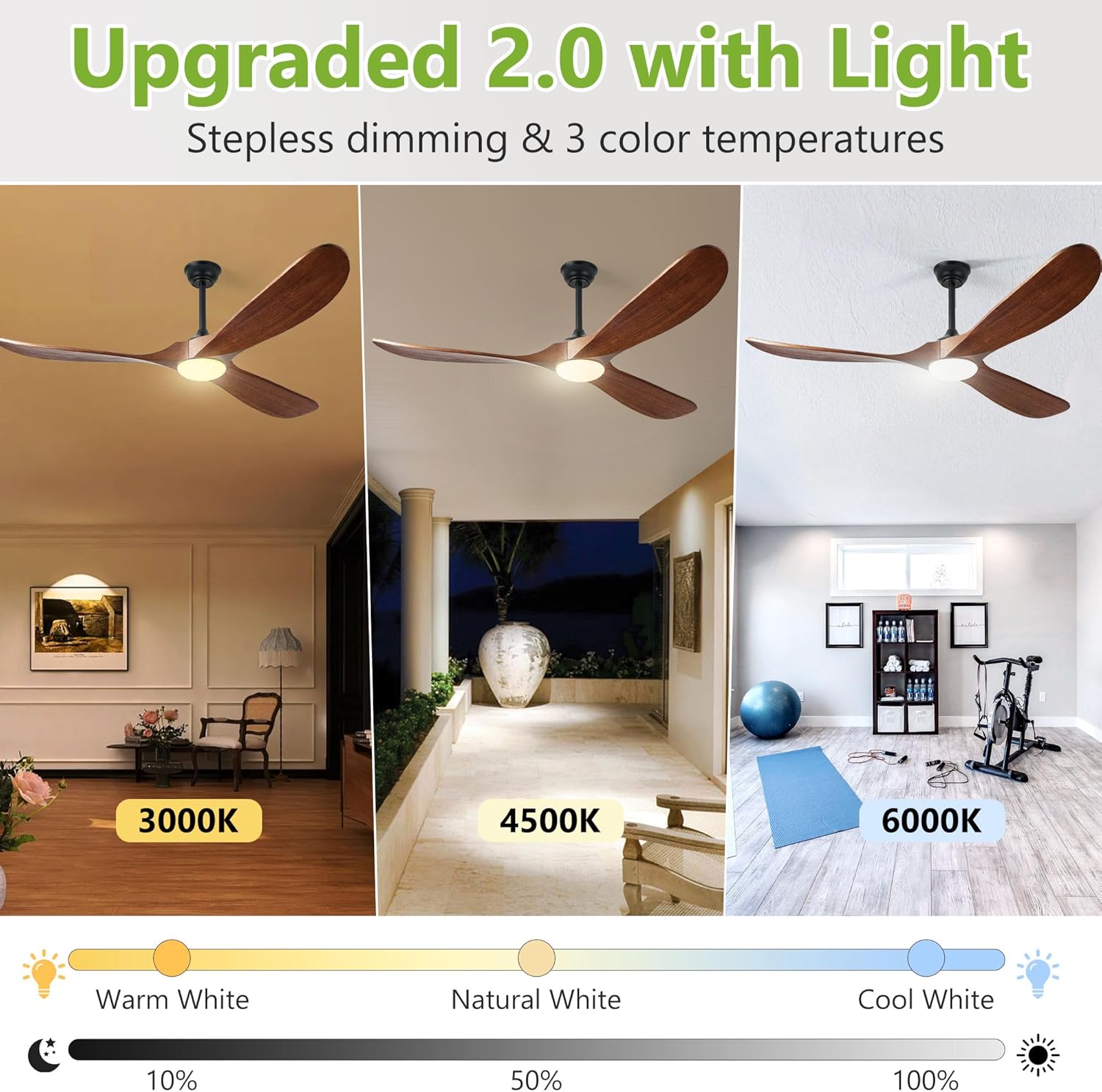 Ceiling Fans with Lights, 60 Inch Solid Wood Propeller Ceiling Fans with Lights and Remote Control Outdoor Ceiling Fan for Patios Indoor Living Room 3 Blades, DC Motor ETL Listed, Dark Walnut
