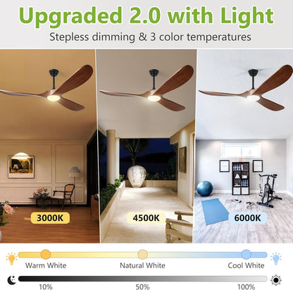 Ceiling Fans with Lights, 60 Inch Solid Wood Propeller Ceiling Fans with Lights and Remote Control Outdoor Ceiling Fan for Patios Indoor Living Room 3 Blades, DC Motor ETL Listed, Dark Walnut