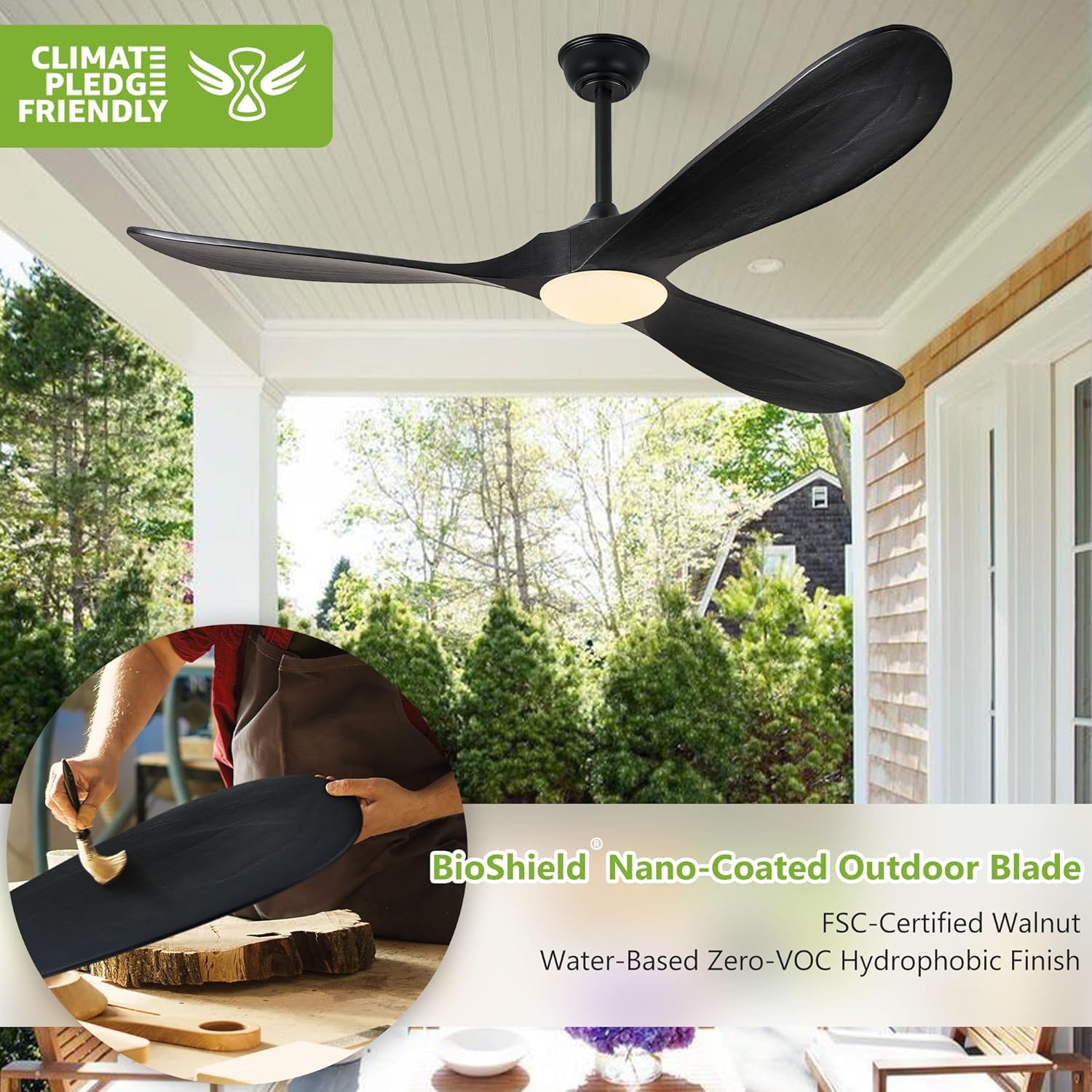 52 Inch Ceiling Fans with Lights and Remote Control, Wood Outdoor Ceiling Fan with Light 3 Blade Modern Black Ceiling Fans Propeller for Patios Porch Garage, ETL Listed DC Motor, Matte Black