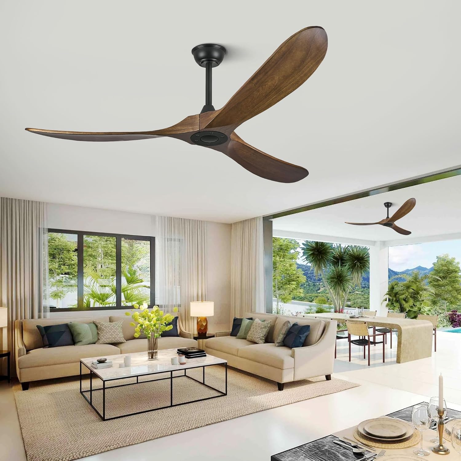 60" Wood Ceiling Fan no Light, 60 Inch Ceiling Fans without Lights with Remote Control, Indoor Outdoor Ceiling Fan no Light for Bedroom Porch Modern Propeller 3 Blade ETL DC Motor, Dark Walnut