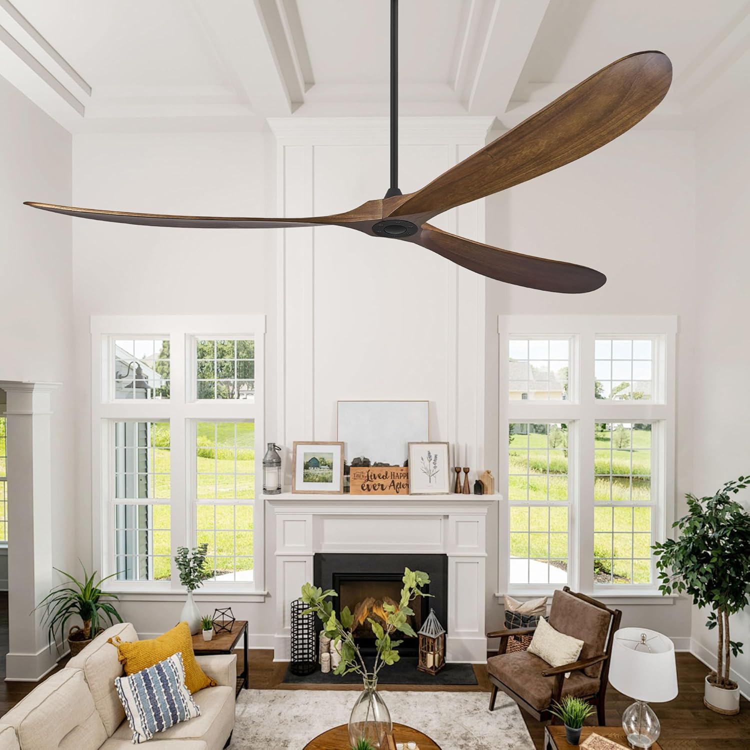 Wood Ceiling Fans without Lights, 84 Inch Extra Large Ceiling Fan no Light with Remote, High CFM Indoor Outdoor Ceiling Fan no Light 3 Blade Propeller for Patios Farmhouse Garage, Dark Walnut