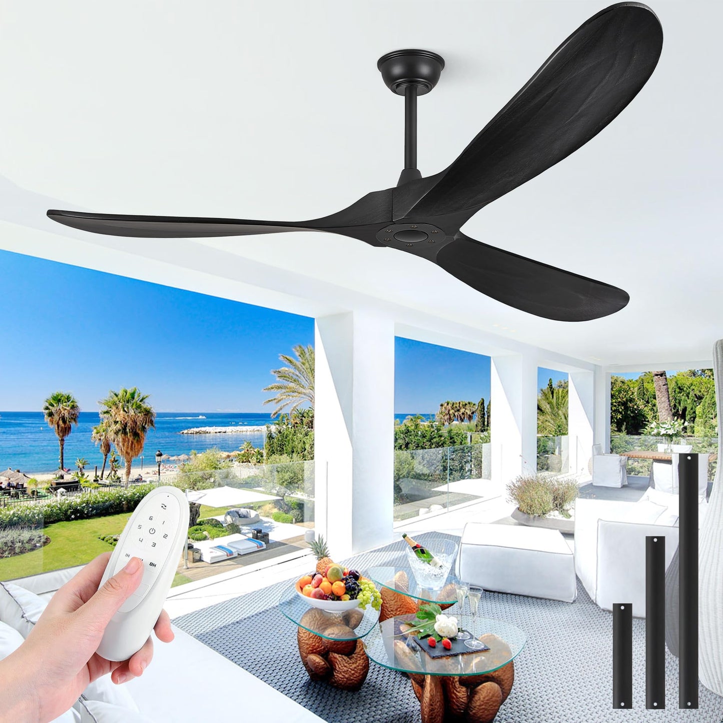Wood Ceiling Fans without Lights, 84 Inch Extra Large Ceiling Fan no Light with Remote, High CFM Indoor Outdoor Ceiling Fan no Light 3 Blade Propeller for Patios Farmhouse Garage, Dark Walnut