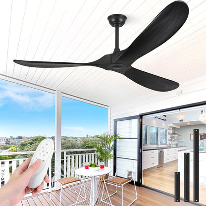 60" Wood Ceiling Fan no Light, 60 Inch Ceiling Fans without Lights with Remote Control, Indoor Outdoor Ceiling Fan no Light for Bedroom Porch Modern Propeller 3 Blade ETL DC Motor, Dark Walnut