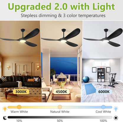 52 Inch Ceiling Fans with Lights and Remote Control, Wood Outdoor Ceiling Fan with Light 3 Blade Modern Black Ceiling Fans Propeller for Patios Porch Garage, ETL Listed DC Motor, Matte Black