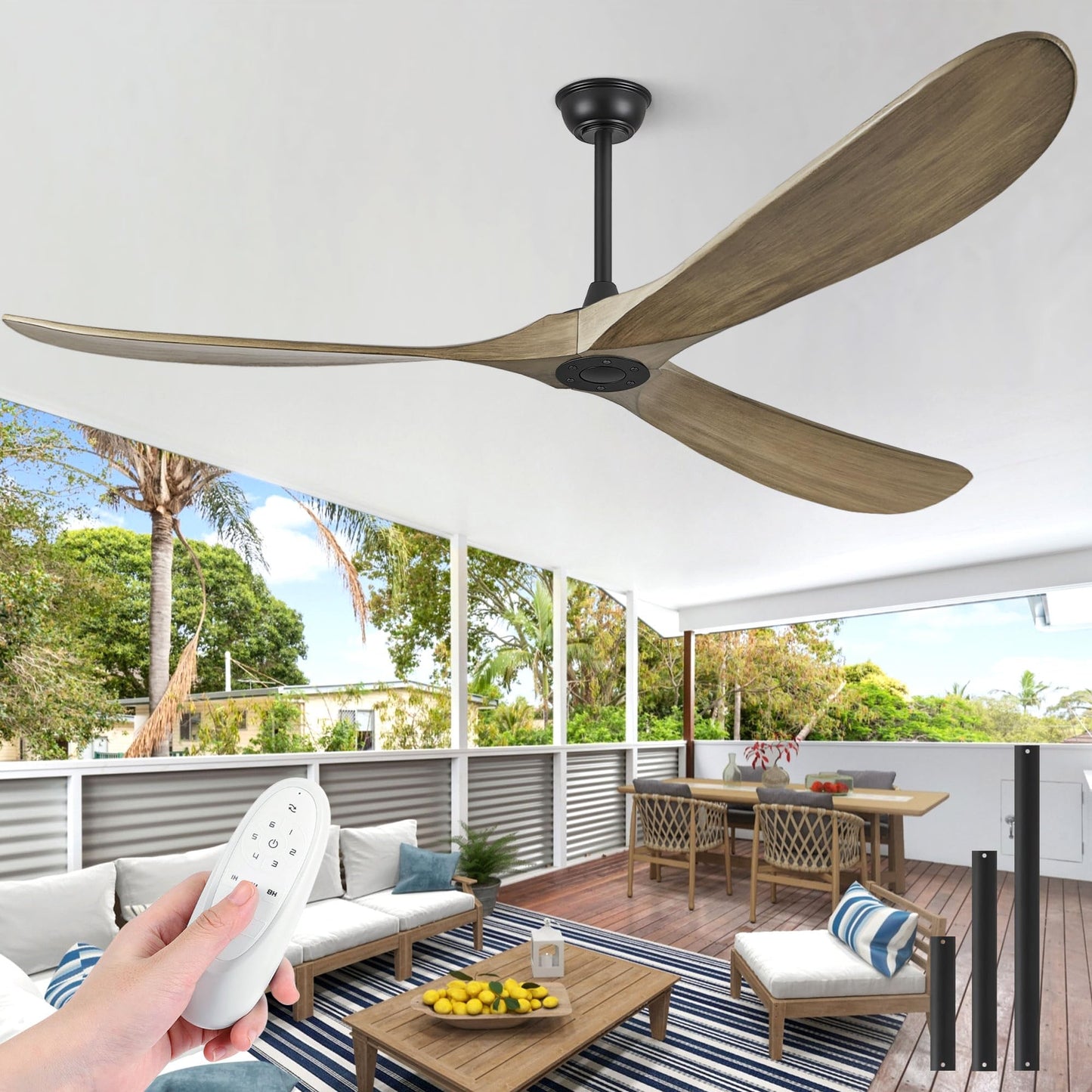 60" Wood Ceiling Fan no Light, 60 Inch Ceiling Fans without Lights with Remote Control, Indoor Outdoor Ceiling Fan no Light for Bedroom Porch Modern Propeller 3 Blade ETL DC Motor, Dark Walnut