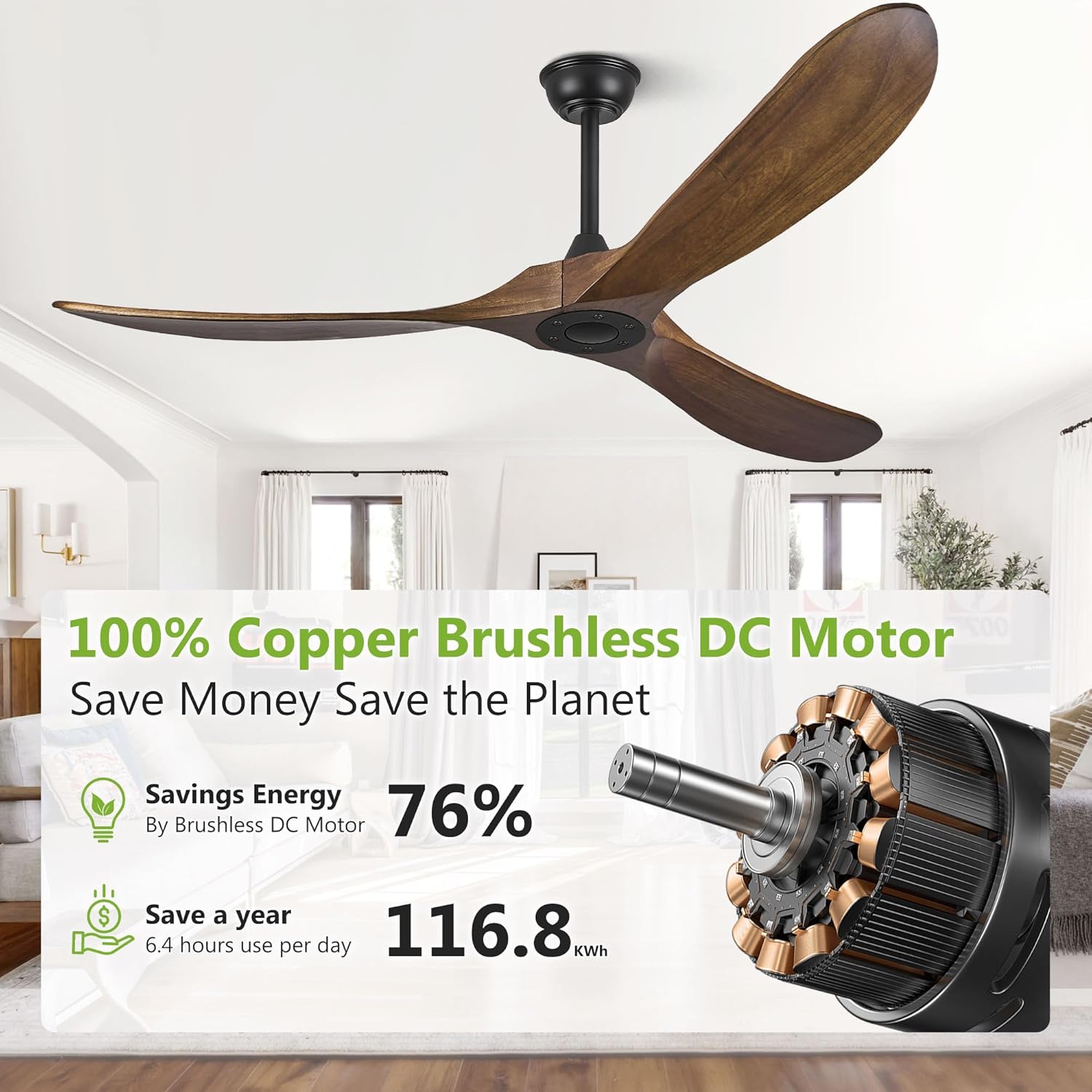 60" Wood Ceiling Fan no Light, 60 Inch Ceiling Fans without Lights with Remote Control, Indoor Outdoor Ceiling Fan no Light for Bedroom Porch Modern Propeller 3 Blade ETL DC Motor, Dark Walnut