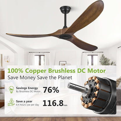 60" Wood Ceiling Fan no Light, 60 Inch Ceiling Fans without Lights with Remote Control, Indoor Outdoor Ceiling Fan no Light for Bedroom Porch Modern Propeller 3 Blade ETL DC Motor, Dark Walnut